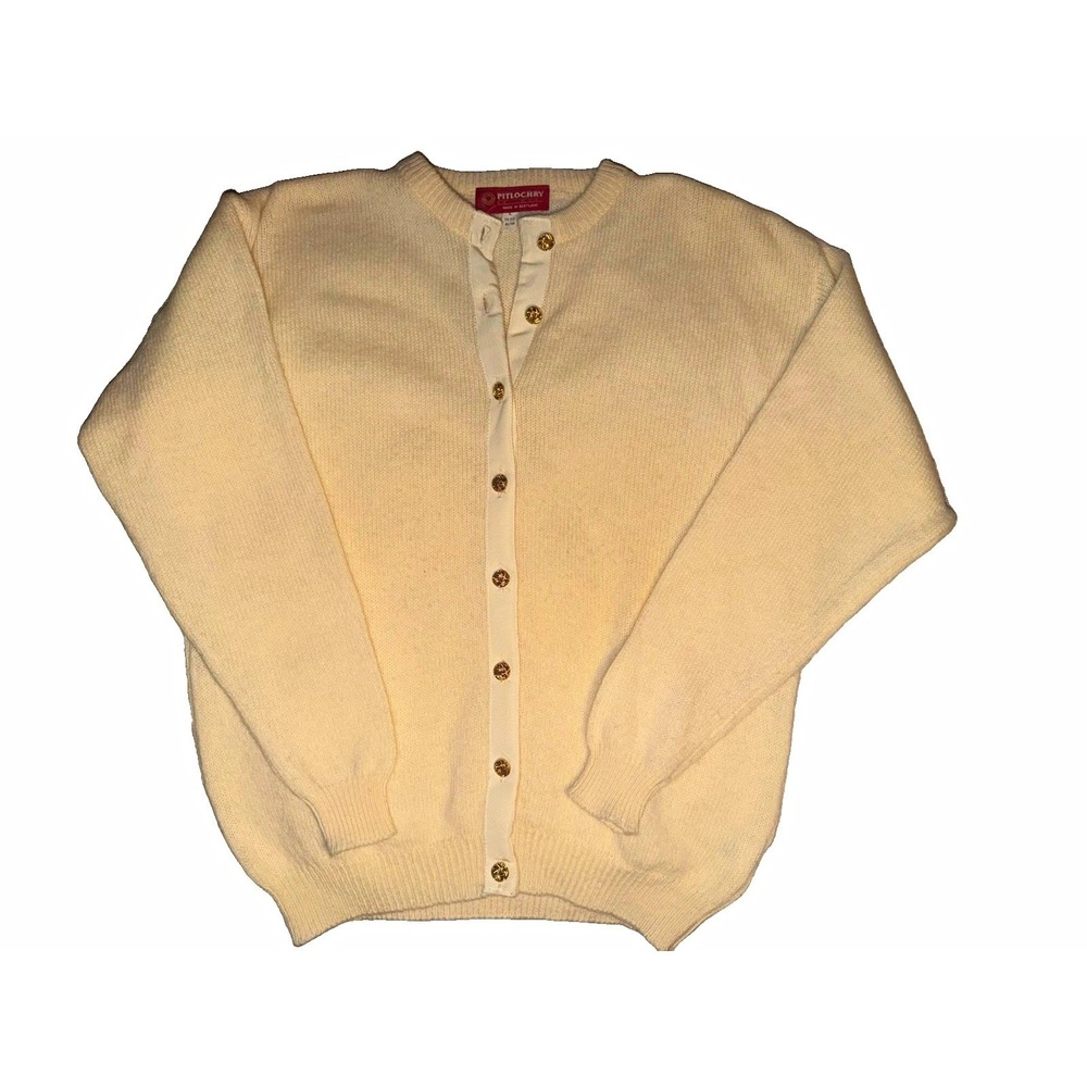 Vintage Pitlochry Lambswool Cardigan L 42 44 Scotland Cream Gold Buttons Wool